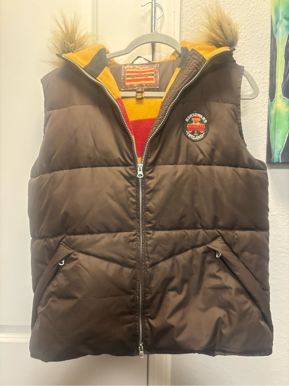 Horseware Ireland NewMarket Brown Fleece Lined Puffer Vest W/ Hood Size Medium